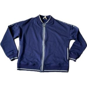Laura Petite Navy bomber jacket with silver sparkle and embellishments.